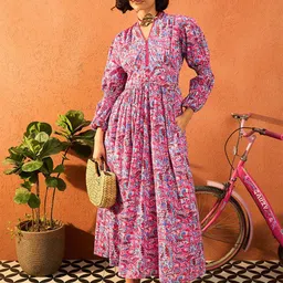 Pink Paprika by SASSAFRAS Women Abstract Print Puff Sleeve Fit & Flare Maxi Cotton Dress-image-29
