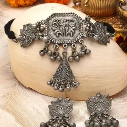 Moedbuille Silver-Plated Ghungroo-Studded Oxidised Jewellery Set-image-93