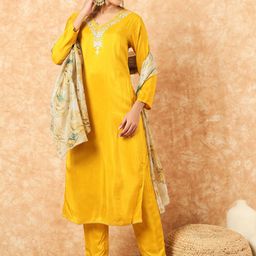 HERE&NOW Women Solid Embroidered Kurta with Pyjama & Dupatta-image-84