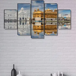 Myntra Elegant Homes Blue & Gold Toned 5 Pieces Gurudwara Printed Wooden Wall Paintings-picture-2