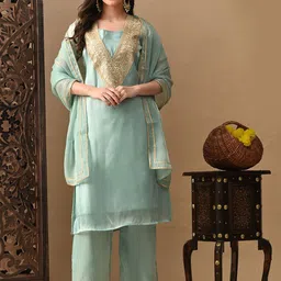 Sangria Straight Round Neck Short SleevesKurta & Trousers With Dupatta-picture-36