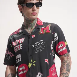 HIGHLANDER Graphic Printed Mickey Mouse Cuban Collar Short Sleeves Relaxed Fit Shirt-image-63