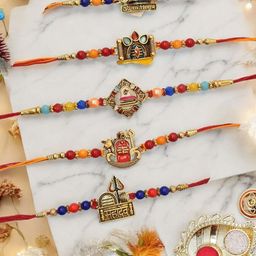 MEIRA JEWELLERY Set Of 5 Stone-Studded & Beaded Rakhi With Greeting Card Gift Set-picture-3