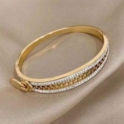 VAMA Gold-Plated Stainless Steel Artificial Stones Studded Zipper Bangle-Style Bracelet-30