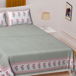Texstylers Green & Pink Floral Printed Cotton 144 TC Queen Bedsheet with 2 Pillow Covers-picture-42