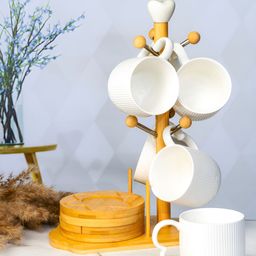 Roxx White & Gold-Toned 13Pcs Porcelain Mugs & Wooden Coster With Stand 180ml-39