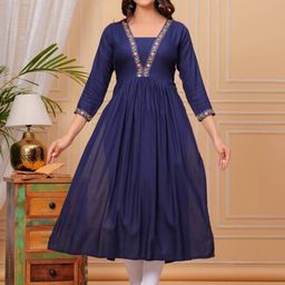TROPWEAR Floral Yoke Design Pleated V-Neck Embroidered Cotton A-Line Naira Cut Kurta-image-97