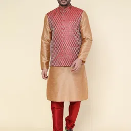 W & G Mandarin Collar Straight Kurta with Churidar & Nehru Jacket-image-96