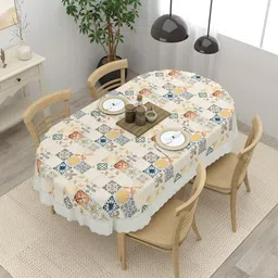 Clasiko White Geometric Printed Anti-Slip Oval Shaped 4-Seater Table Cover-image-16