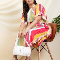 DEEBACO Women Striped Halter Neck Smoked Fit & Flare Plus Size Dress-picture-16