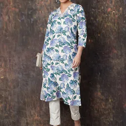 Melange by Lifestyle Floral Printed V-Neck Thread Work Cotton Straight Kurta-picture-19