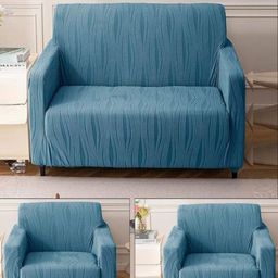 Stylista Blue Polyester Sofa Cover With Arms-image-67