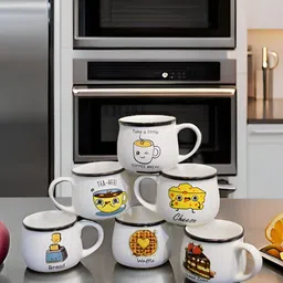 Kraftlik Handicraft White & Yellow Handcrafted and Hand Painted Printed Ceramic Glossy Cups Set of Cups and Mugs-5
