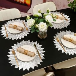 LooMantha Silver-toned 4 Pieces Floral Embroidered Plastic Round Table Placemats-8