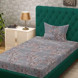 HOSTA HOMES Grey & Brown Floral 300 TC Single Bedsheet with 1 Pillow Covers-image-33