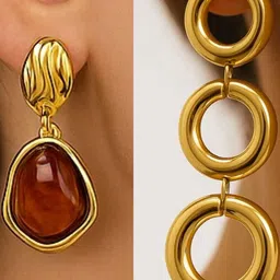 ISHTAARA Set Of 3 Stainless Steel Gold Plated Earrings-picture-20