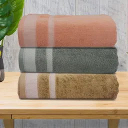 Aura Peach-Coloured & Grey 3 Striped Cotton 400 GSM Bath Towel-picture-2