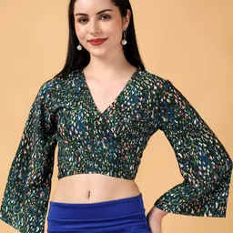 Kotty Floral Print Bell Sleeve Crepe Wrap Crop Top-image-38
