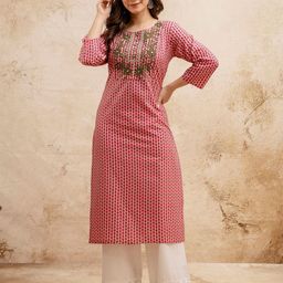 SURHI Floral Printed Thread Work Round Neck Straight Pure Cotton Kurta-picture-14