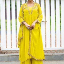 MITTOO Floral Embroidered Pleated Anarkali Kurta with Palazzos & With Dupatta-34