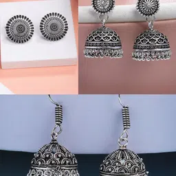 Anouk Set Of 3 German Silver-Plated Traditional Oxidised Dome Shaped Jhumkas-58