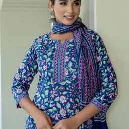 mokshi Floral Printed Straight Kurta with Palazzos & With Dupatta image 2