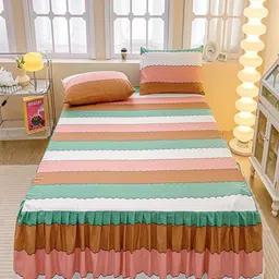 JC HOME White & Green Striped 150 TC Fitted King Bedsheet with 2 Pillow Covers-picture-31