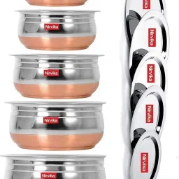 Pack of 5 Stainless Steel handi set with lid Copper bottom cookware set/biryani patila set Dinner Set-14
