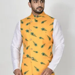 RANAK Digital Printed Dupion Silk Woven Nehru Jacket-13