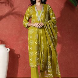 Sangria Embroidered Pure Cotton Straight Kurta & Trousers With Dupatta-image-96