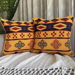 EXPORT HOUSE Yellow & Navy Blue Set of 2 Geometric Square Cushion Covers-14