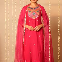 Sangria Magenta Geometric Yoke Design Modal Chanderi Kurta With Trousers & Dupatta-image-6