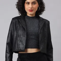 Latin Quarters Women Lapel Collar Self Design Casual Open Front Jacket-1
