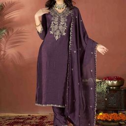KALINI Floral Yoke Design V-Neck Thread Work Straight Kurta With Trouser & Dupatta-image-46