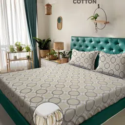Myntra Elegant Homes Cream-Coloured & White Geometric 400 TC King Bedsheet with 2 Pillow Covers-image-88