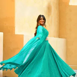 FABPIXEL Embroidered Sequinned Semi-Stitched Lehenga & Unstitched Blouse With Dupatta image 2