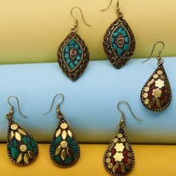 Handmade Tibetan Traditional COMBO of 3 Pairs Gold Plated Dangler Earrings Metal Drops & Danglers-image-3