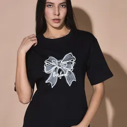 FFU Women Bow Print Printed Round Neck Relaxed Fit T-shirt-image-22