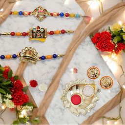 MEIRA JEWELLERY 3-Pcs Kundan Studded Thread Rakhi With Greeting Card & Roli Chawal-image-96