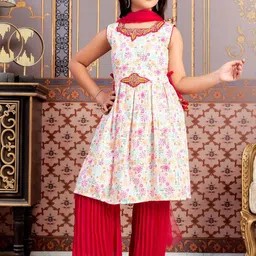 Sangria Girls Floral Printed Sequined Sleeveless Kurta With Sharara & Dupatta-image-55
