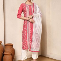 Spera Floral Embroidered Round Neck Thread Work Straight Kurta With Trousers And Dupatta-image-59