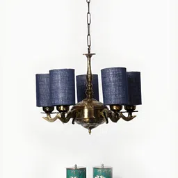 Devansh Blue Jute Round shade with Antique Golden Chandelier Metal Ceiling Lamp-12