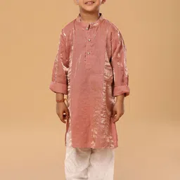 The Mini Trunk Boys Self Design Mandarin Collar Beads And Stones Straight Kurta & Trousers-49