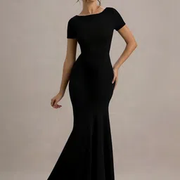WANQUILA Women Black Solid Boat Neck Bodycon Maxi Dress-picture-0