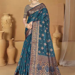 SANGAM PRINTS Zari Silk Blend Tussar Saree-image-9