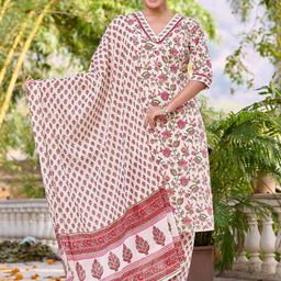 Anouk Floral Printed V-Neck Pure Cotton Straight Kurta with Trousers & Dupatta-46
