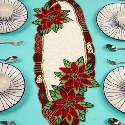 YWULY Red & Off-White Floral Embroidered Beaded Table Runner-31