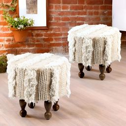 Ikiriya 2-Pcs Beige Fringed Wooden Cotton Round Ottomans-10