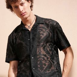 HIGHLANDER Dobby Ethnic Motifs Textured Cuban Collar Shirt-image-56