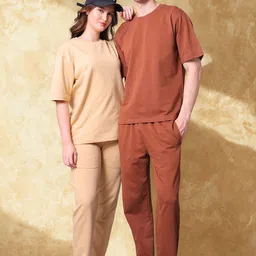 Lazy Lush Pack Of 2 Round Neck T-Shirt & Trousers Couple Co-Ord Set-62